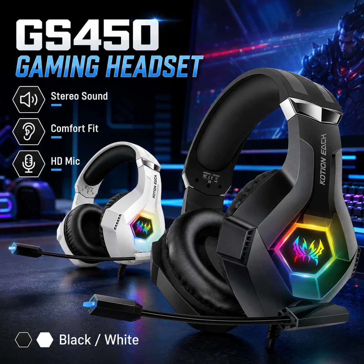 GS450 Wired Gaming Headset RGB LED Headphones with Microphone Stereo Bass Over Ear Gamer Earphone for PC Laptop PS4 Xbox