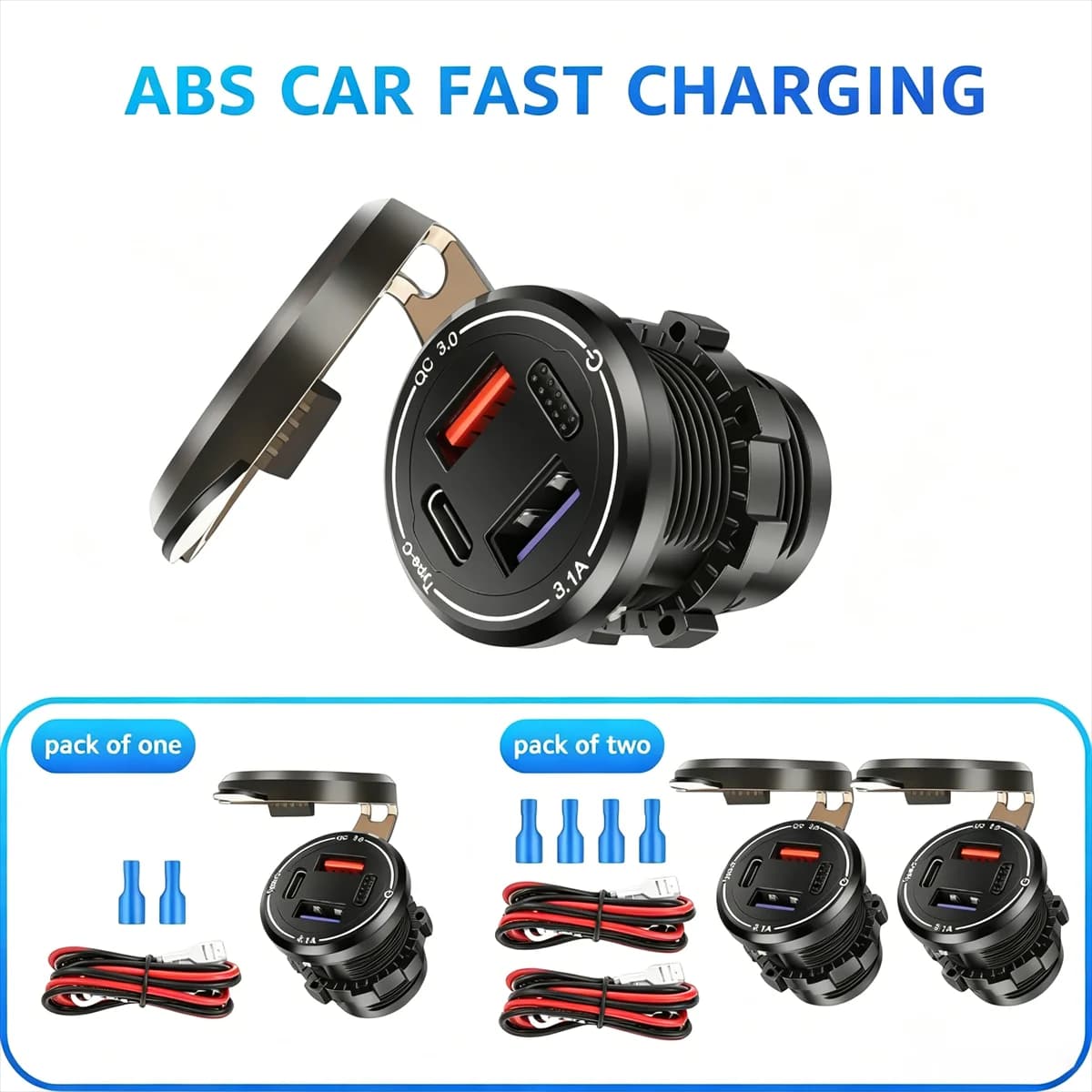 66W 3 Ports Car USB Charger Socket 30W PD Type C 18W QC3.0 Fast Charging Adapter with ON OFF Switch for 12V 24V Marine Truck RV