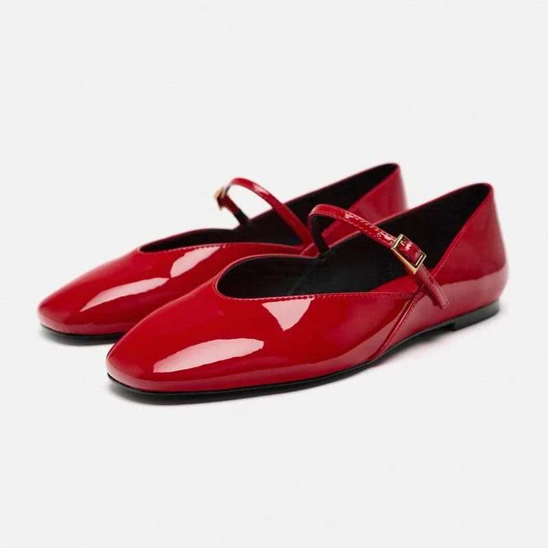 Scarpe da Ballerina Rosse da Donna Primaverili, Casual con Punta Tonda, in Pelle Verniciata, per Ufficio