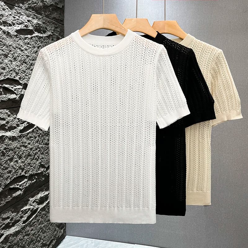 Summer Ice Silk Knitted Short Sleeve T-Shirt Men's Casual Brand Breathable Quick Dry Hollow out round Neck Top for Teens