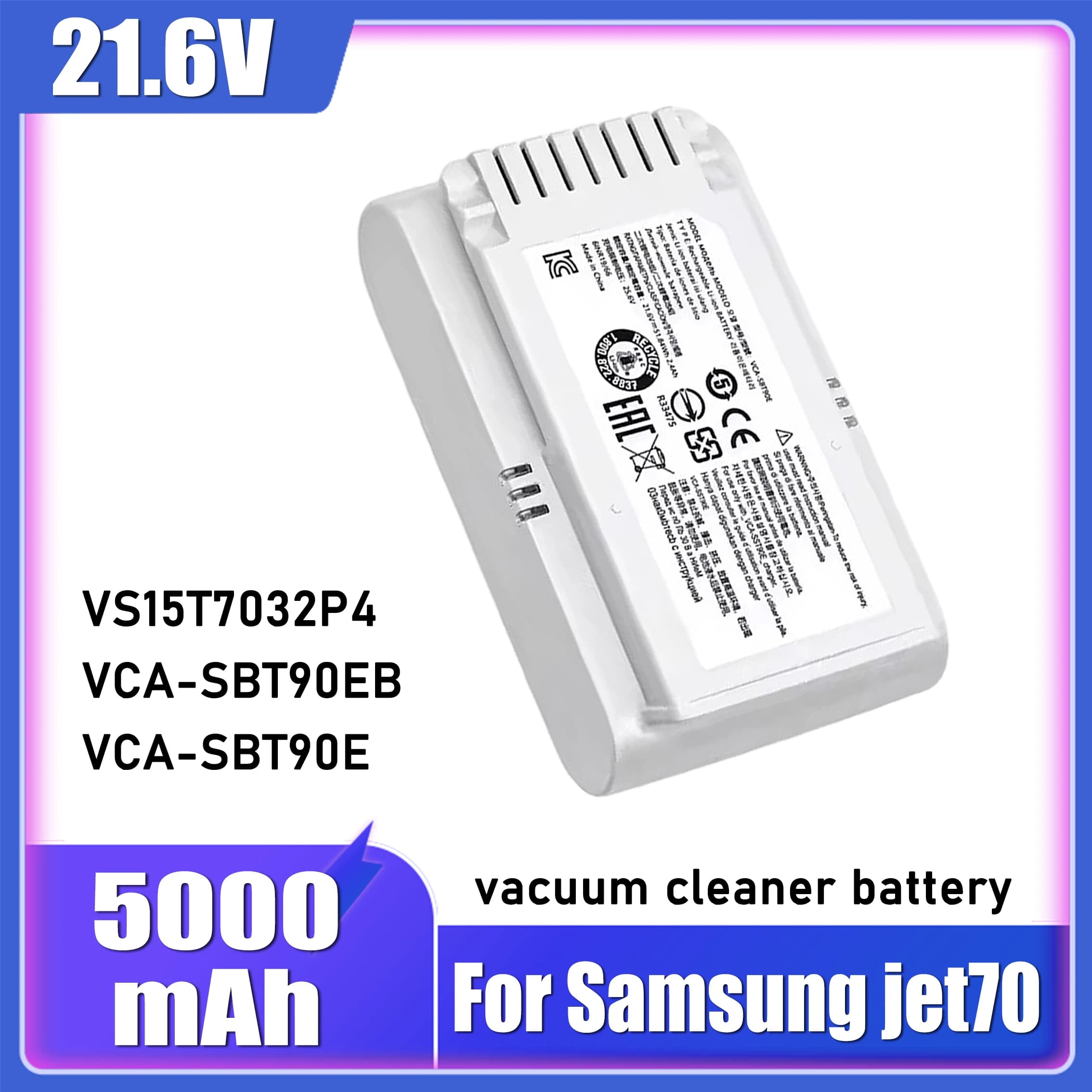 For Samsung Jet 70 Turbo Jet 70 Pro/complete Jet 90E Pet ,VS15R8542S1 VS15T7031R4，5000mAh VCA-SBT90E vacuum cleaner battery031R4