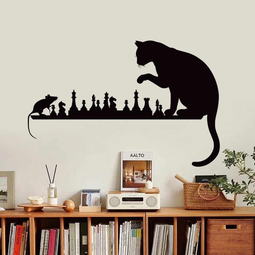 Adesivi murali per scacchi gatto e topo per soggiorno, guardaroba di casa, camera da letto, decorazione murale, sfondi adesivi in vinile autoadesivi
