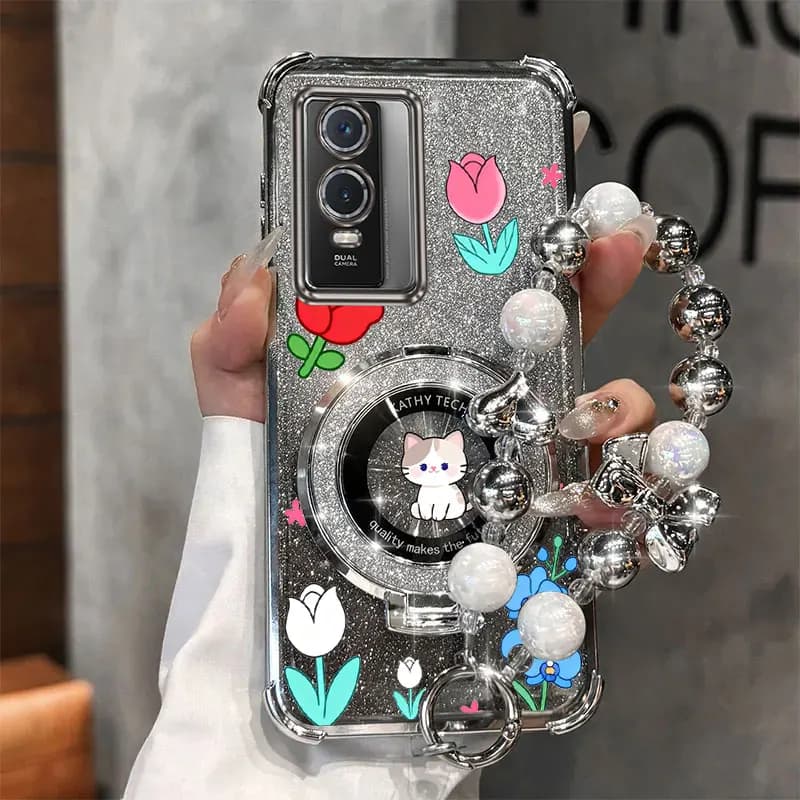 Strap Glitter Cute Flower Cat Phone Holder Case For Vivo Y76 Y72 Y51 Y36 Y35 Y33S Y21S Y33T Y28 Y27 Y22 Y21 Y17S Y16 Y15S 4G 5G