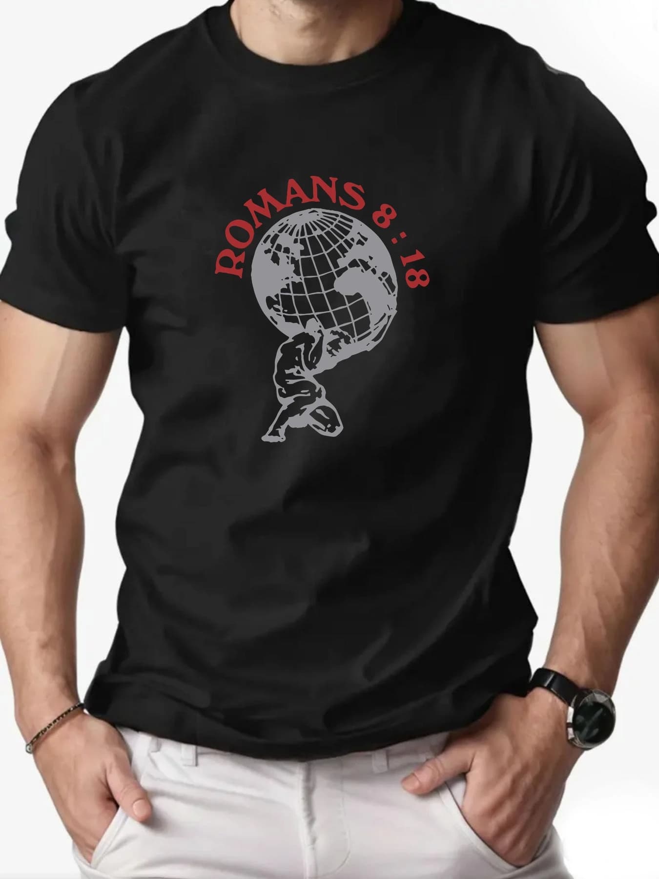 T-shirt da uomo in cotone, con motivo a terra e t-shirt corta girocollo casual estiva con testo Romani 8 _ 18
