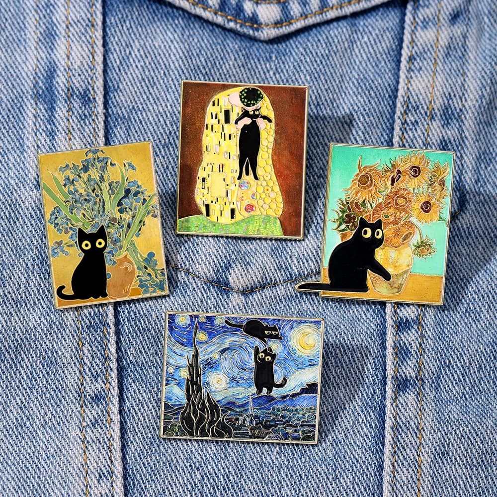 Artistic Black Cat Brooch Pin Inspired by Van Gogh Painting Fashion Accessory for Clothing And Bags Enamel Drip Oil Technique Al