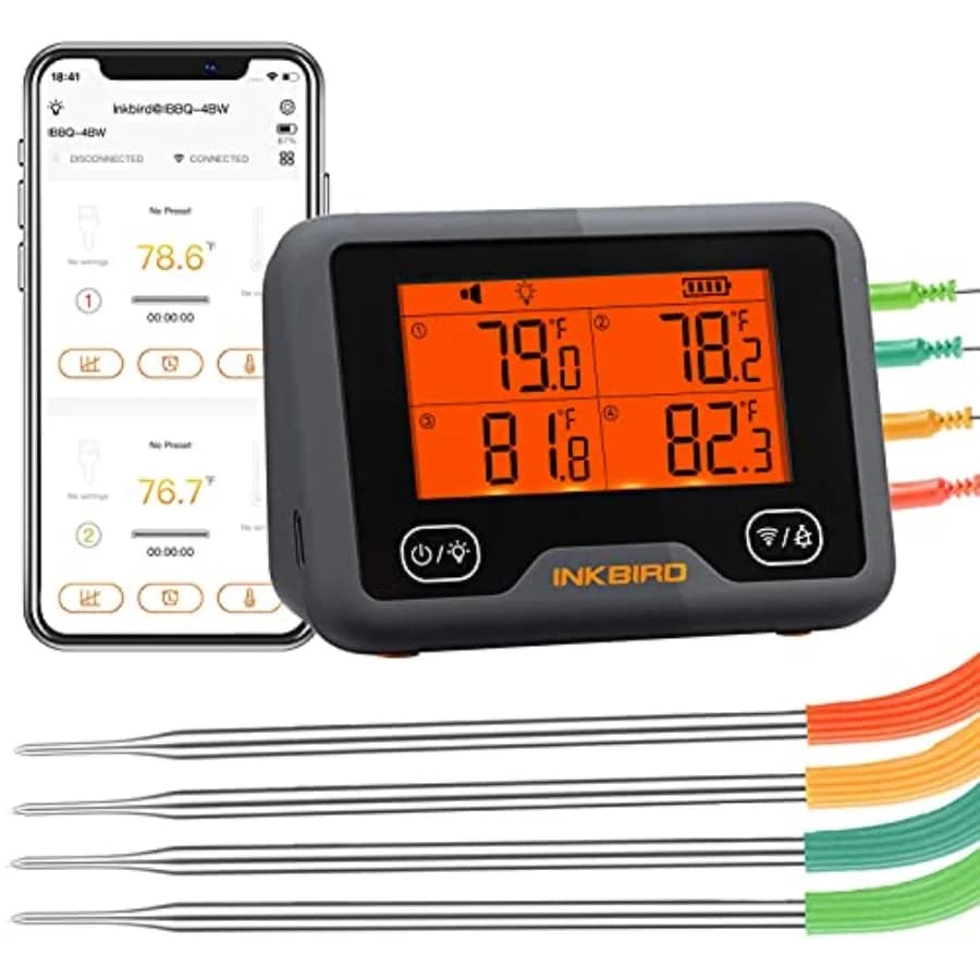 Termometro per Carne Bluetooth e WiFi IBBQ-4BW, Termometro Wireless Intelligente per Griglia con 4 Sonde Colorate, Notifiche Mobile, Timer Alta/Bassa Temperatura