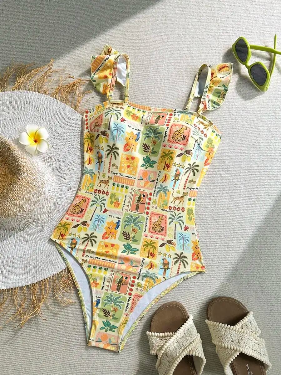 Costume intero da donna con spalline arricciate e stampa tropicale per le vacanze al mare