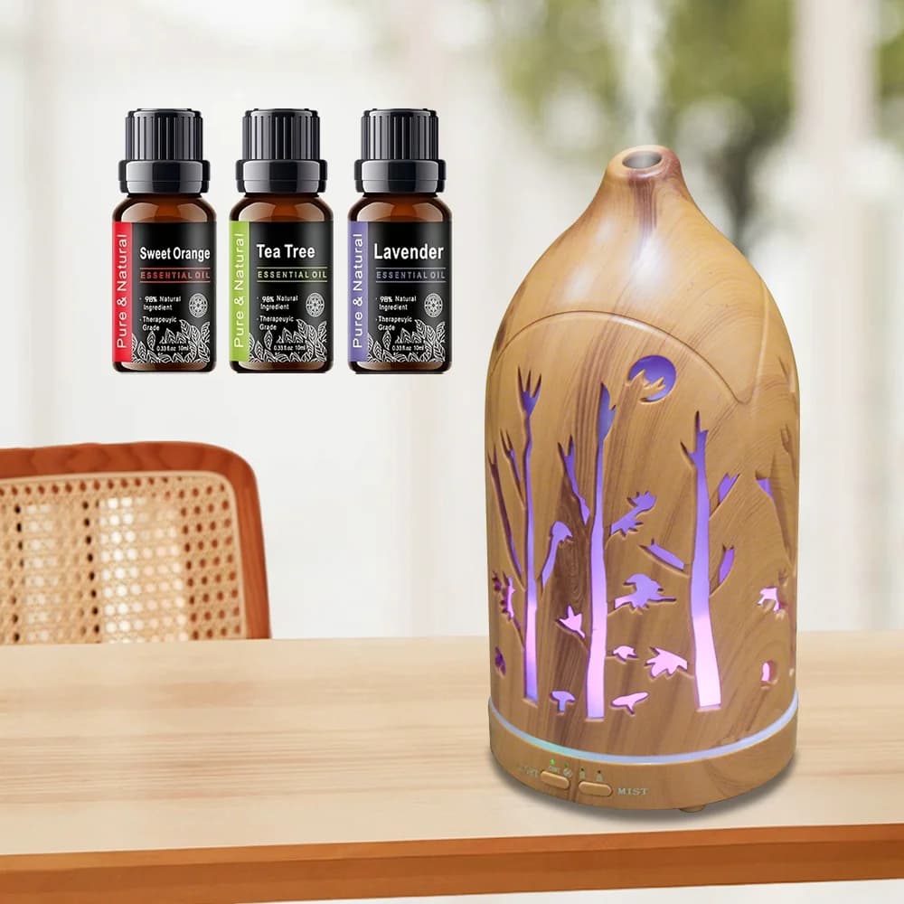 Diffusore in Legno Chiaro con 7 Colori, Spegnimento Automatico, Umidificatore Silenzioso, Kit 6x10ml Oli Essenziali per Casa, Ufficio, SPA
