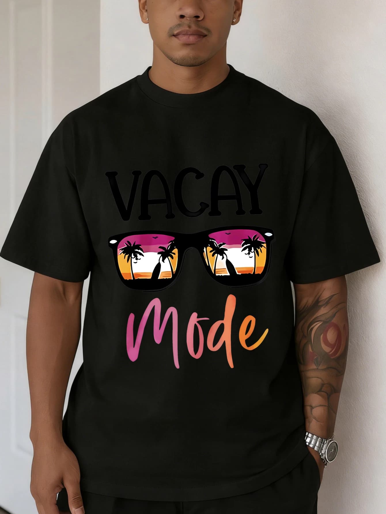 T-Shirt da Uomo con Grafica 'VACAY Mode', Streetwear Oversize in Cotone a Maniche Corte, Maglietta Casual Estiva per Uomo