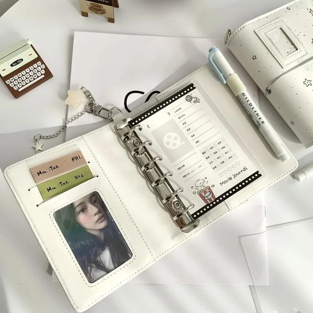 Quaderno M5 White Star con rilegatura fai-da-te, in morbida pelle, a fogli mobili, ricaricabile, mini diario, taccuino da viaggio, porta fotocard, agenda