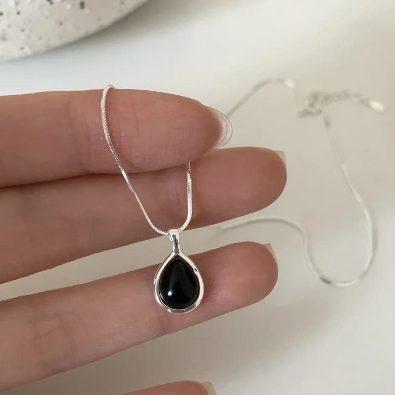 Collana in Argento Sterling 925 con Agata Nera per Donne e Ragazze, Catena a Osso di Serpente, Gioiello a Goccia d'Acqua, Regalo, Dropshipping