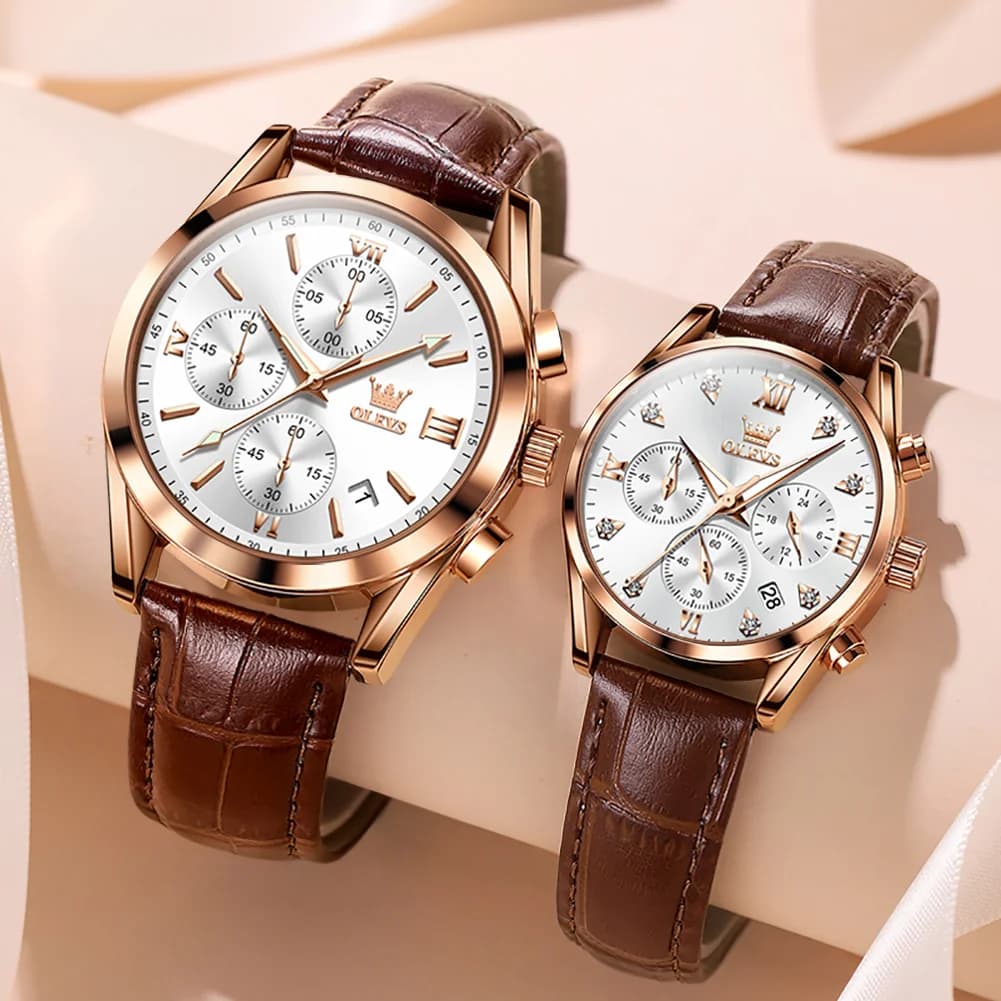 OLEVS Couple Watch for Men Women's Wrist Watch Waterproof Women's Leather Strap Chronograph Design Watch for Lover Gifts