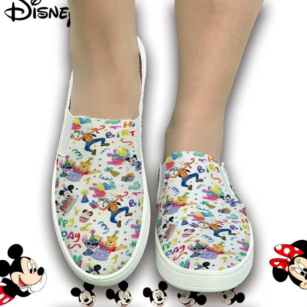 Sneakers slip-on with print collage of Disney characters for birthday parties – Women's casual comfortable shoes