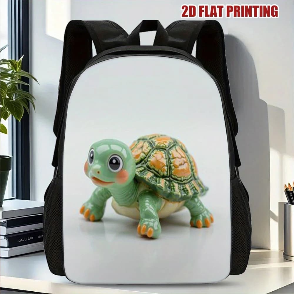Zaino alla Moda con Charm a Forma di Tartaruga 2D - Borsa Scolastica in Poliestere Trendy, Tracolla Rimovibile per la Scuola