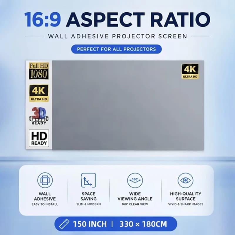 150 Inch 16:9 Foldable Projector Screen 4K 1080P, 160° Wide View Wrinkle Free Projection Screen, No Drill Wall Mount with Hooks
