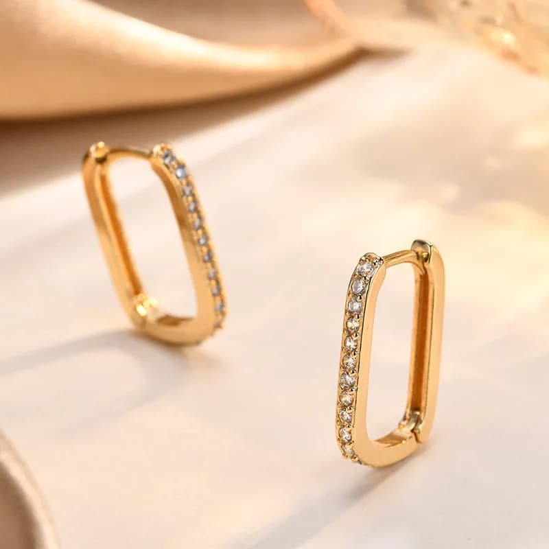 Orecchini a Cerchio Trendy da Donna in Rame Placcato Oro con Zirconia Cubica, Eleganti Orecchini Geometrici Rettangolari con Pietre CZ