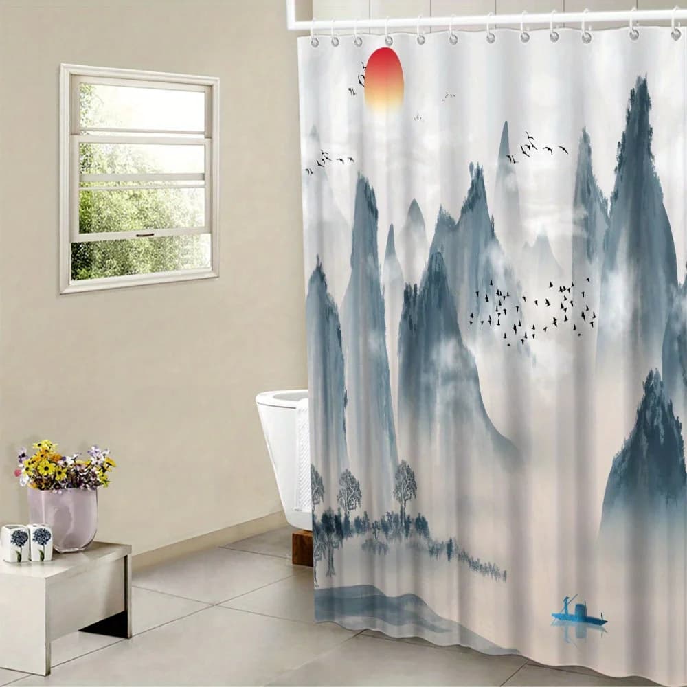 Tenda da doccia Serene Mountain Landscape - Poliestere, lavabile in lavatrice, sfoderata, 12 ganci, arredamento bagno per tutte le stagioni