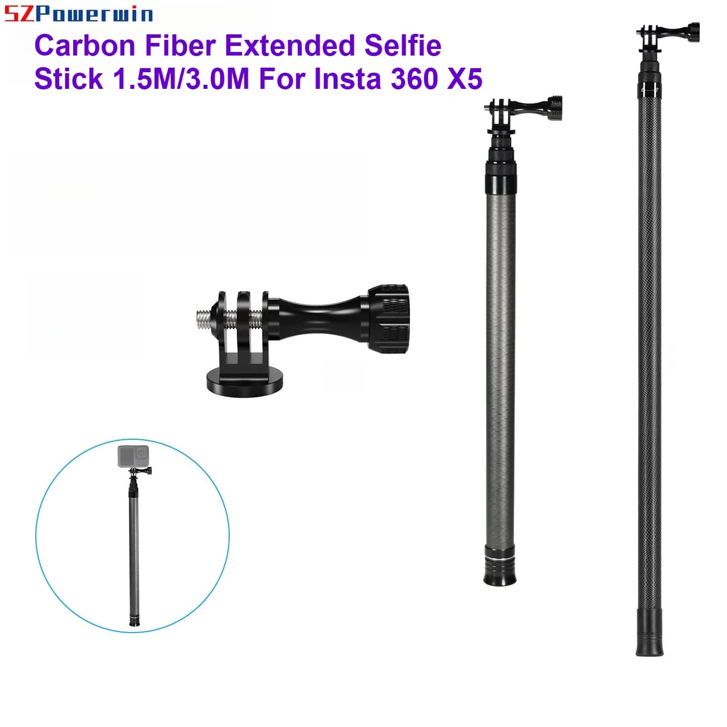 Selfie Stick esteso in fibra di carbonio 1,5 M/3.0 M per Insta 360 X5