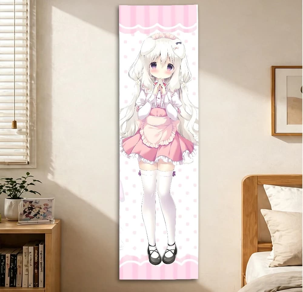 Cute Anime Loli Vertical Tapestry, Pink Maid Girl Wall Scroll, Kawaii Long Wall Hanging, Polyester Backdrop for Bedroom, Otaku
