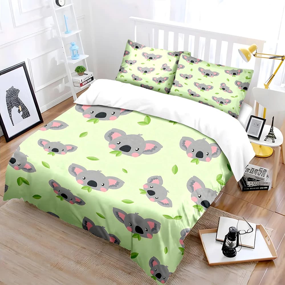 Set di biancheria da letto con motivo simpatico koala e stampa di foglie, 1 copripiumino, 2 federe per adulti e bambini, regalo di lusso, misura completa