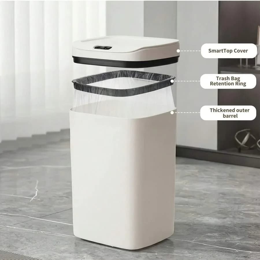 Cestino Intelligente con Sensore 1PC, Pattumiera Senza Contatto, Accensione/Spegnimento Automatico, Sigillato con Coperchio per Prevenzione Odori, Spegnimento Silenzioso, Multifunzione