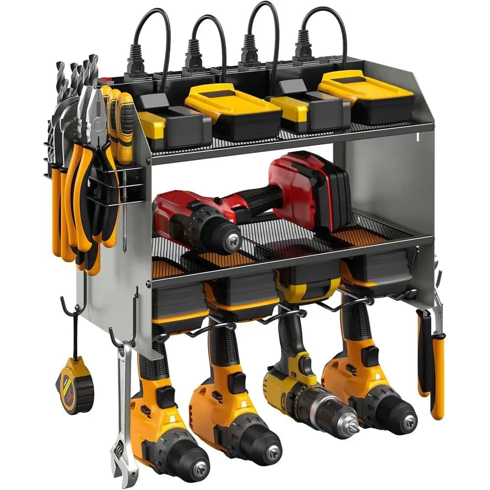 Organizzatore per Utensili Elettrici da Parete con Stazione di Ricarica - Scaffale per Garage, Porta Attrezzi Resistente, Supporto per Batterie, 8 Prese, G
