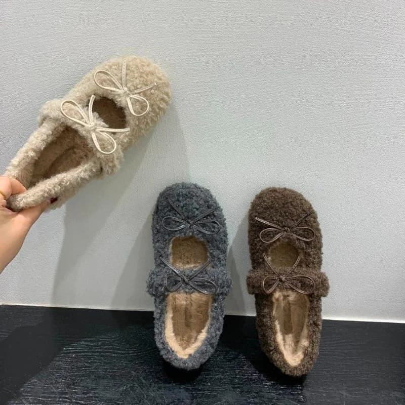 Fashion Mary Jane Shoes for Women Loafers Hook & Loop Flat Low Heels Round Toe Shoes Woman Solid Fur Butterfly-knot Women