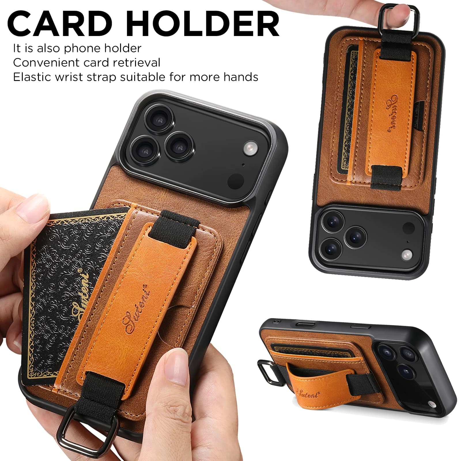 IPhone Case with Support Ring, Leather and Card Holder for iPhone 17 Air Pro 16 E Plus 15 14 13 12 Mini 11 Xs XR Max