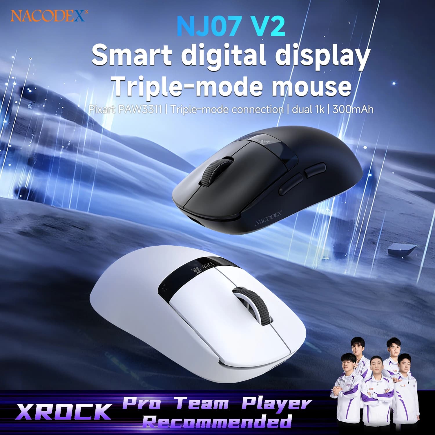 AJAZZ NJ07 V2 Tri-Mode Gaming Mouse, PAW3311 Dual 1K Sensor, 300mAh Capacity, LED Digital Display Lightweight Mouse