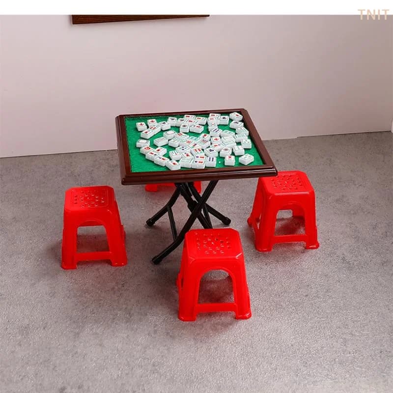 [J] 1 Set Doll House Furniture Accessories 1/12 Dollhouse Miniature Mahjong Table And Chair Kit Home Model Decor Toy