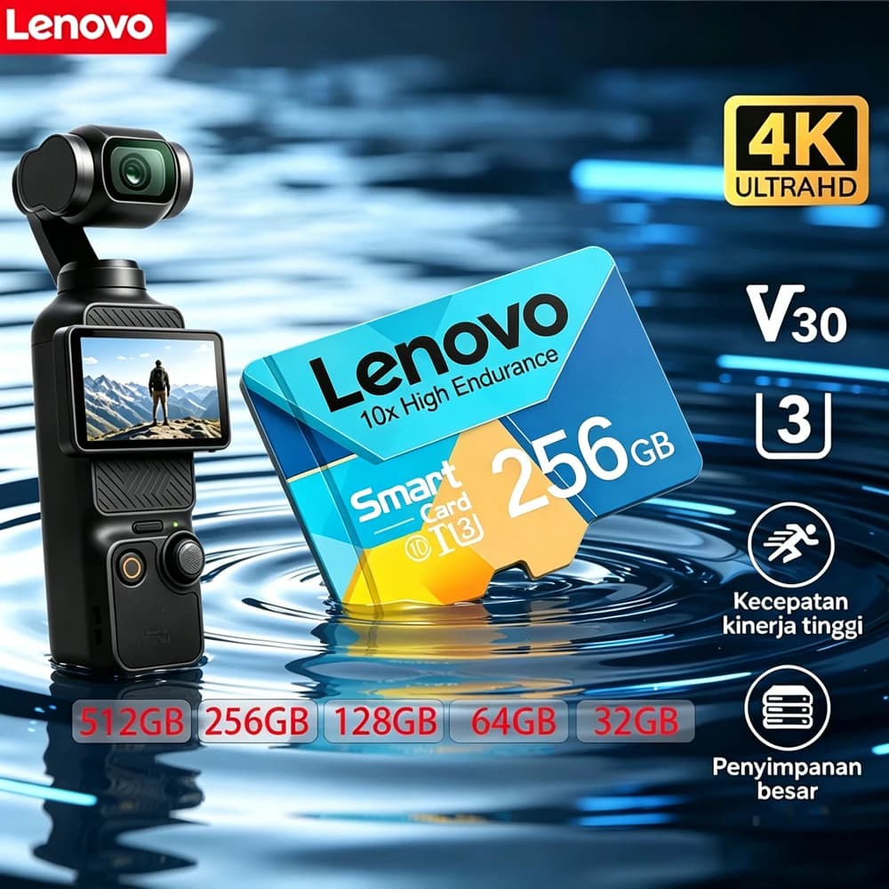 Lenovo 256GB Micro SD Card TF Memory microSDXC UHS-I Class 10 V30 A2 - up to 100MB/s for Phones DJI Drone Full HD & 4K UHD
