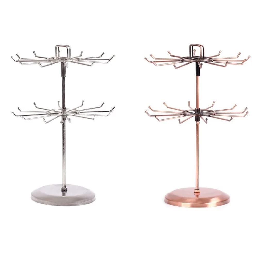 2-Tier Design Jewelry Organizer Stand Rotatable Iron Material Two Tier Jewelry Rack Hooks Included Round Shape