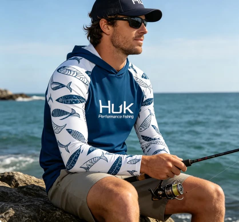 Magliette da Pesca HUK per Uomo, Maniche Lunghe con Cappuccio, Protezione UV, Asciugatura Rapida, Traspiranti, Jersey Sportivo per la Pesca