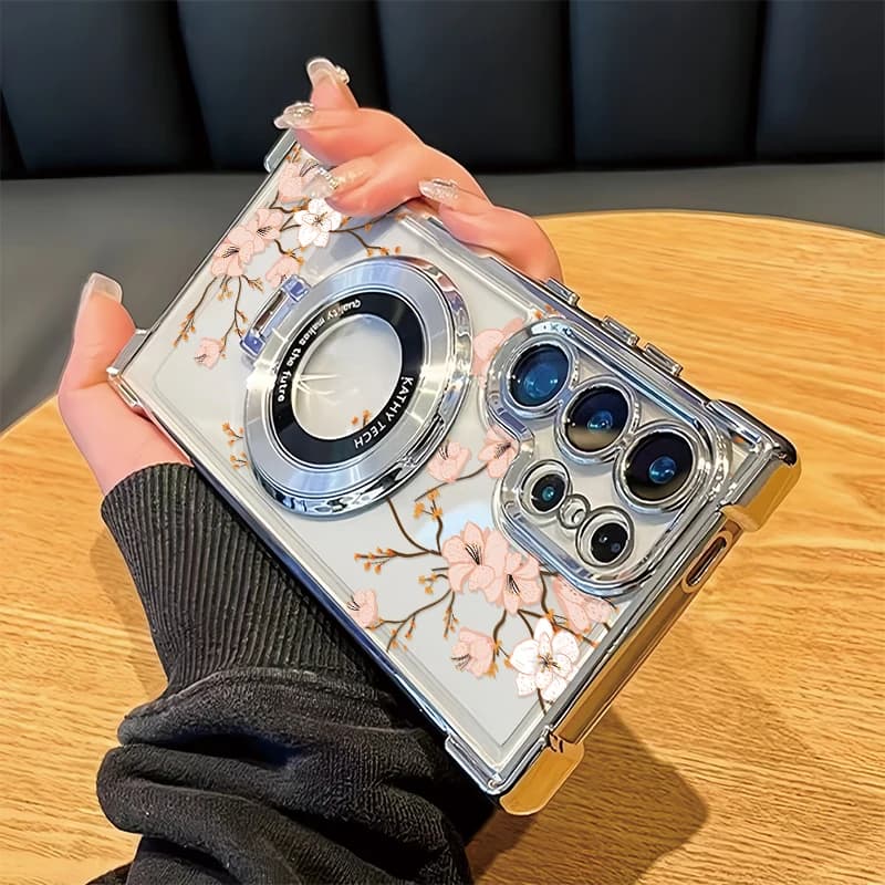 Shockproof Plating Phone Case For Samsung Galaxy A54 A33 5G A23 4G A34 A73 A53 A13 A24 A14 Stand Holder Flower Pattern Cover