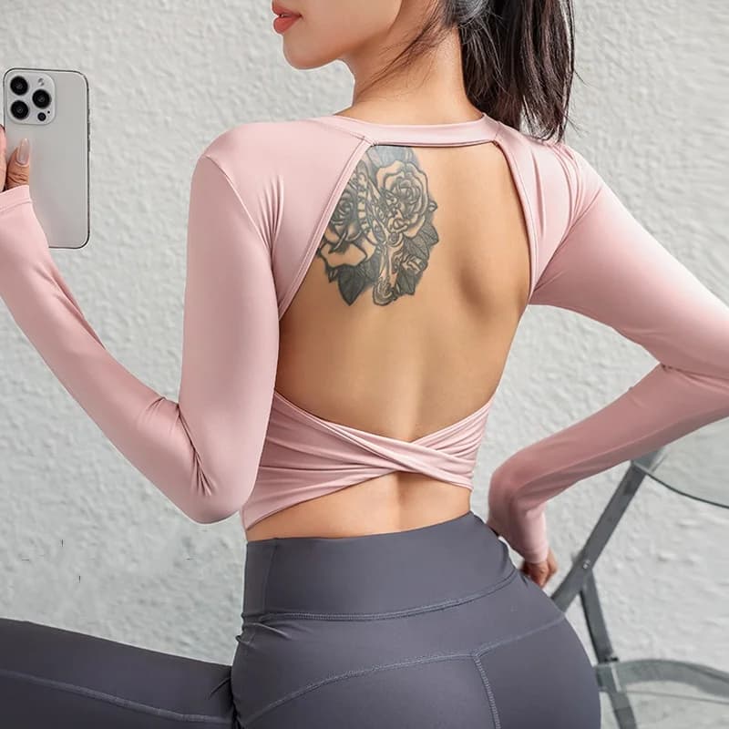 Autunno Inverno Donna Yoga Sexy Backless Cinghie incrociate Top a maniche lunghe Quick-dry Pilates Palestra Fitness T-shirt Pettorina fissa Top