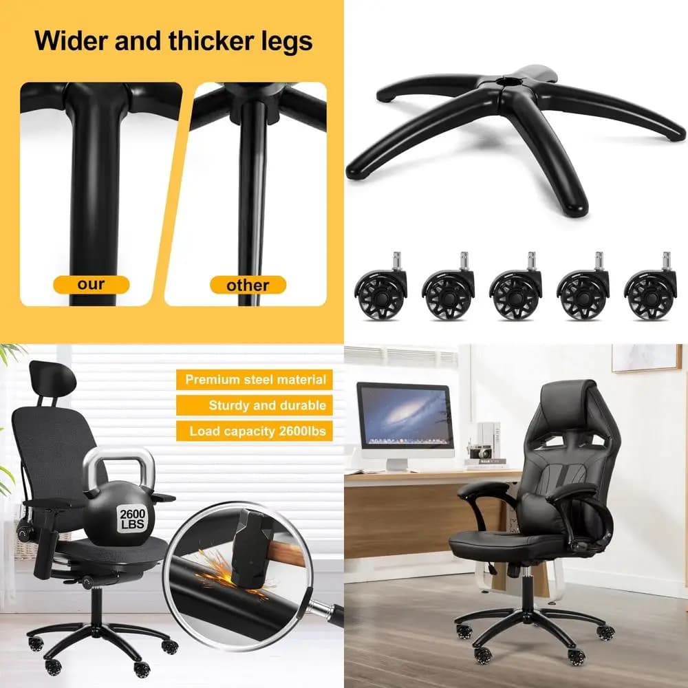 Base in metallo resistente da 28 pollici per sedie da gaming con 5 ruote, supporta fino a 2600 libbre, gambe larghe per sedia (Nero)
