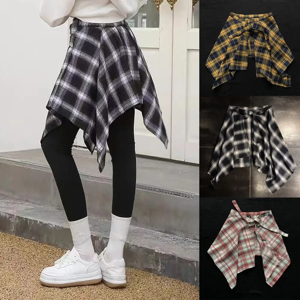 Gonna a portafoglio corta a strati a quadretti unisex Gonna grembiule a pieghe irregolari Allacciare una linea Sciarpa sui fianchi Gonna oversize Estensore della camicia