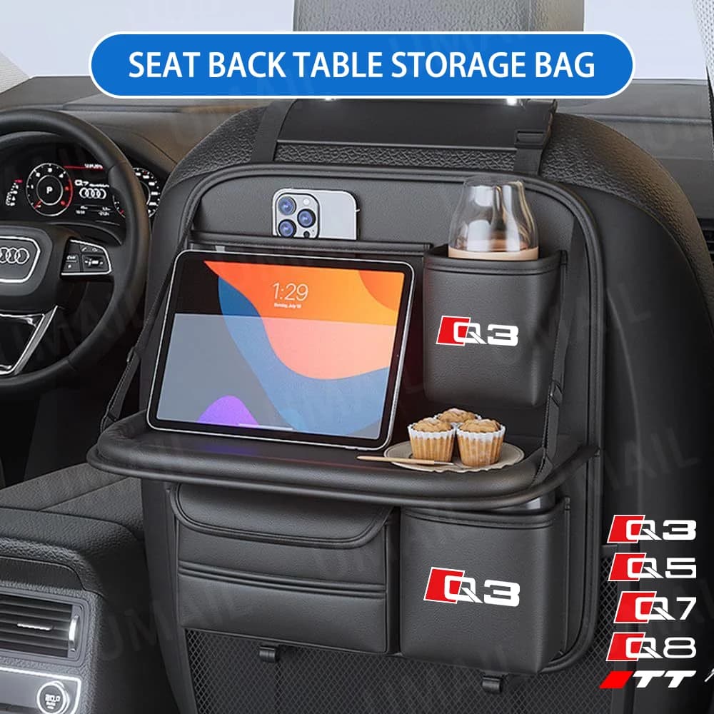 Car Seat Back Storage Bag for Kids with Foldable Dining Table Tray Multi-Pocket Auto Backseat Organizer for Audi Q3 Q5 Q7 Q8 TT