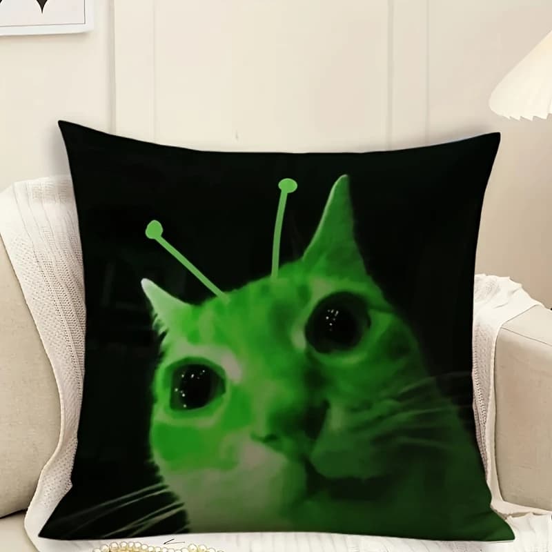 1 federa per cuscino con stampa 2D fronte-retro in poliestere, motivo Alien Cat Meme, federa decorativa divertente con gatto spaziale verde, regalo originale