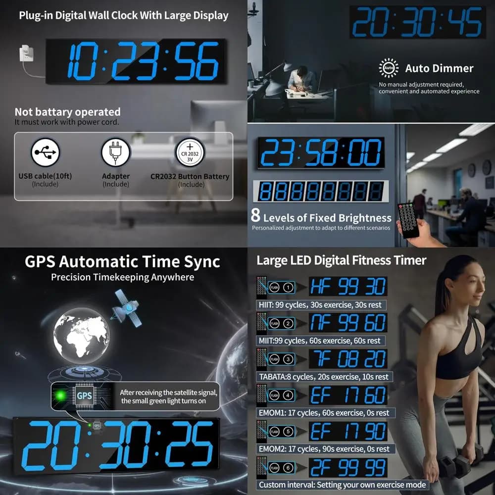 Large Digital Wall Clock 28.4 with Alarm Functions, Calendar, Temperature, Automatic Hour Synchronization and Training Timer