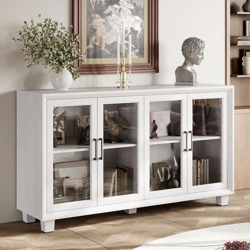 Credenza Bianca Larga 60,4 cm con Anta in Vetro, Mobile da Cucina con 4 Ripiani e Gambe in Legno Massello