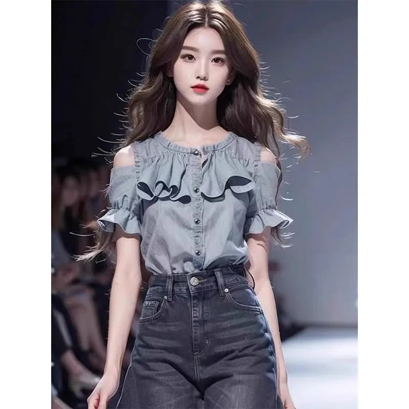 Spring Women New 2025 Grey Off Shoulder Splicing Black Earrings Short Sleeve Shirt