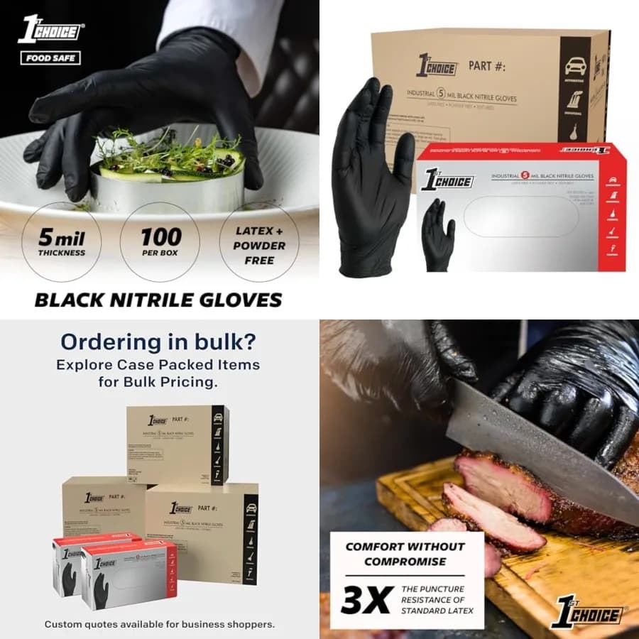 Guanti in Nitrile Monouso Senza Lattice, Neri, 5 Mil, per Cucina, Pulizie, Settore Automobilistico, Industria, Preparazione Alimenti, Casa