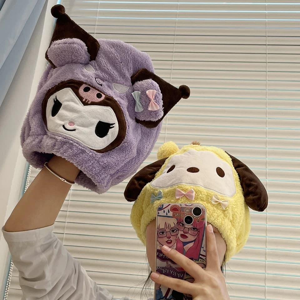 Carino My Melody Kuromi Cuffia per capelli asciutti Pom Pom Purin Capelli lunghi Asciugamano per capelli ad asciugatura rapida Donna Ragazza Torsione per capelli in stile giapponese