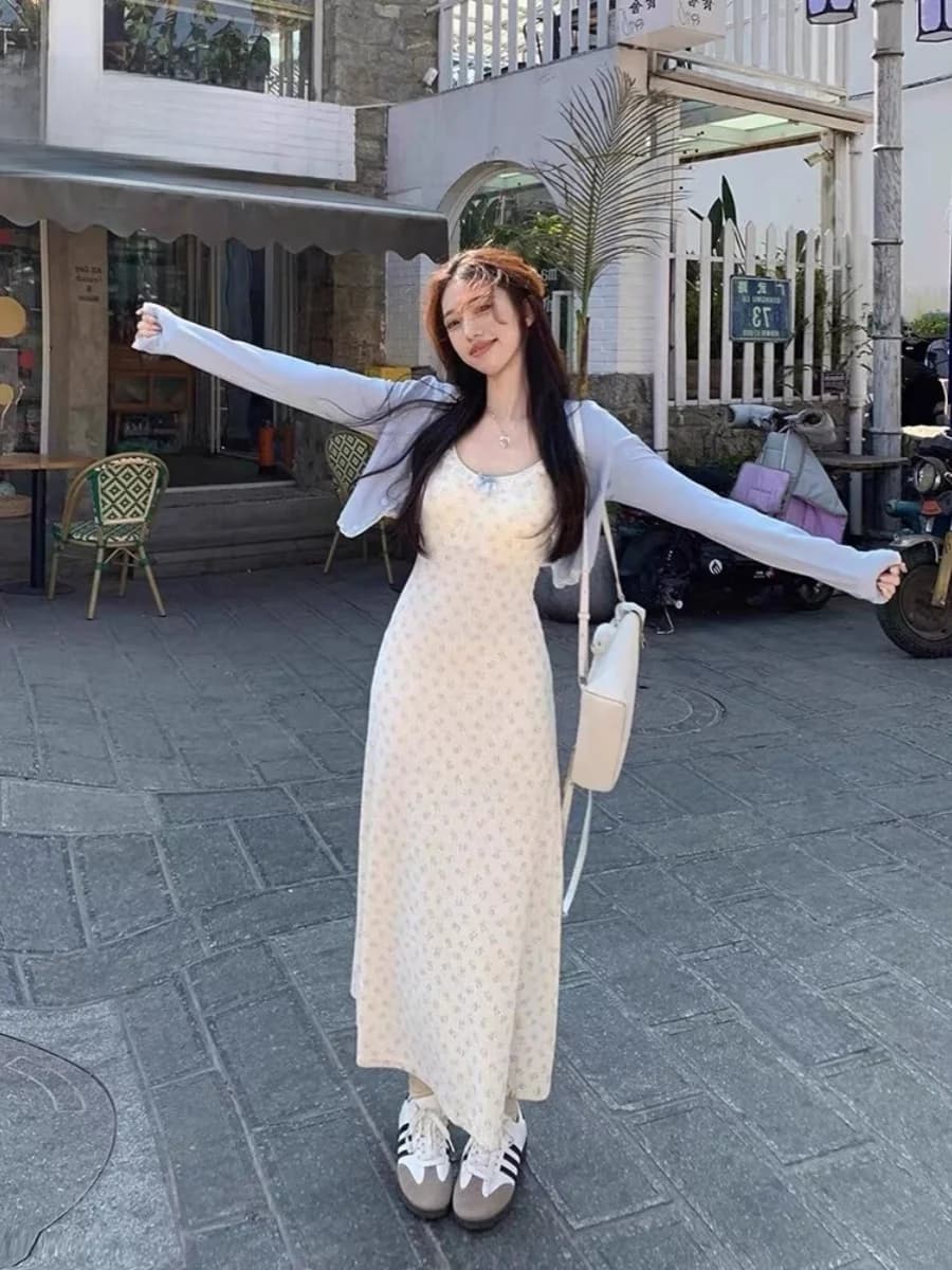 Summer Bear Print Lace Trim Halter Dress Women's A-Line Long Dress Slimming High Waist Polyester Fiber Long Sleeve Midi Dress