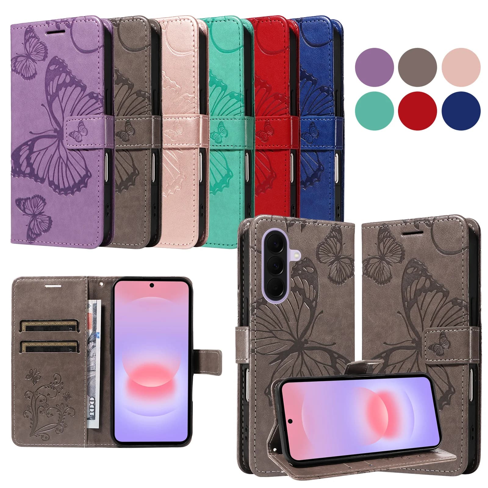 Leather Wallet Flip Case for Samsung Galaxy S22 S23 S24 S25 S26 FE Ultra Plus Edge | Butterfly Embossed Design Card Holder