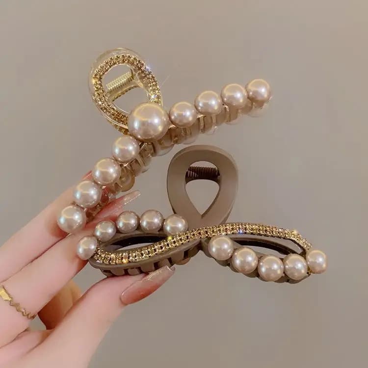 Champagne Color High-end Imitation Pearl Rhinestone Large Fashionable Girl's Back Hair Clip
