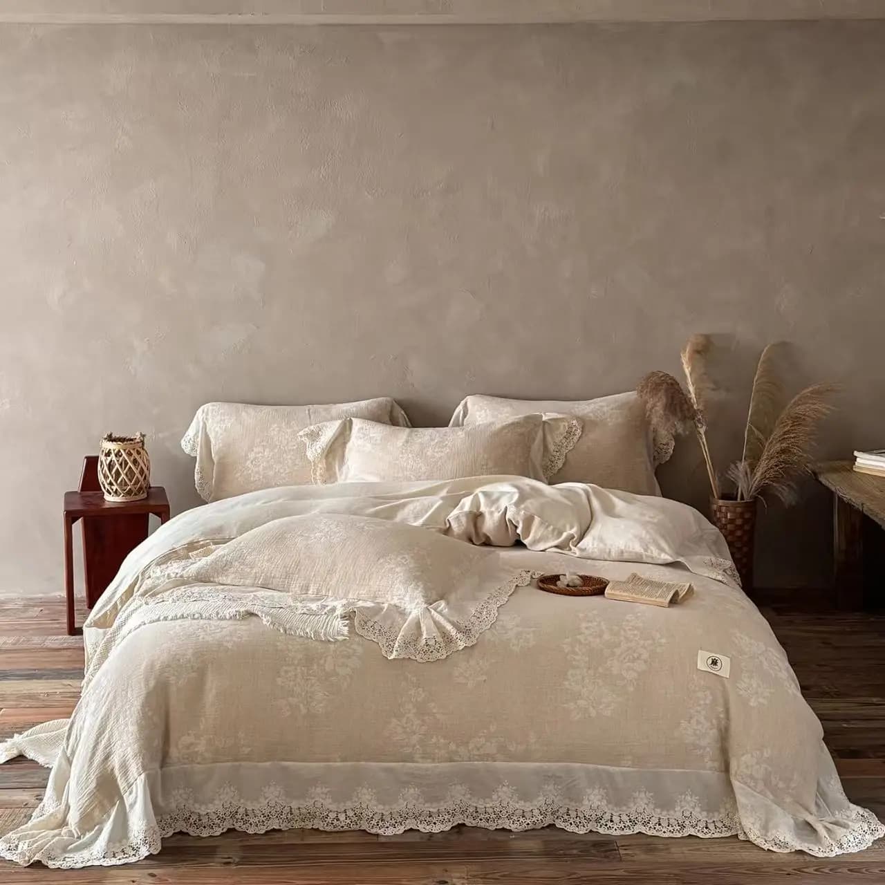 Set di Biancheria da Letto in Cotone e Lino Naturale 4 Pezzi, Copripiumino Jacquard con Pizzo, Lenzuola e Federe per Letto Matrimoniale, Queen e King Size