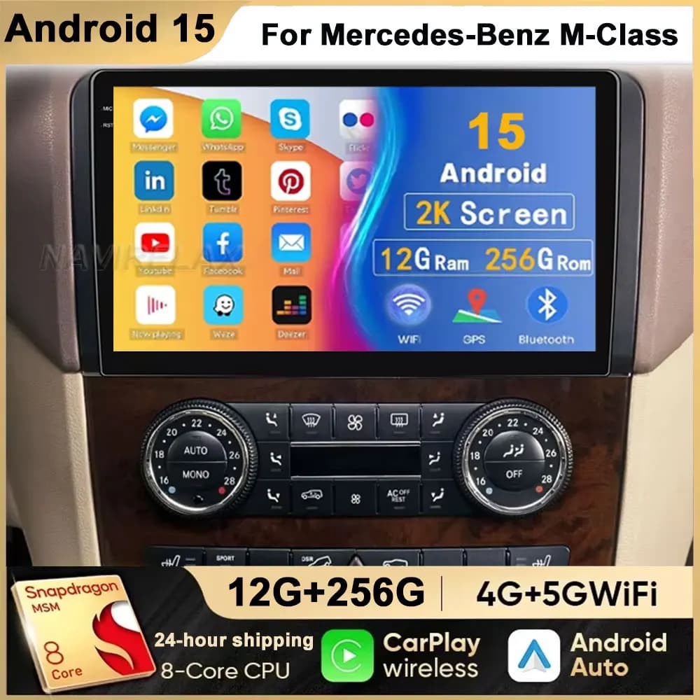 Android 15 For Benz GL ML W164 ML350 ML500 X164 2005-2012 2K QLED Android Autoradio Video player Multimedia GPS Stereo CarPlay