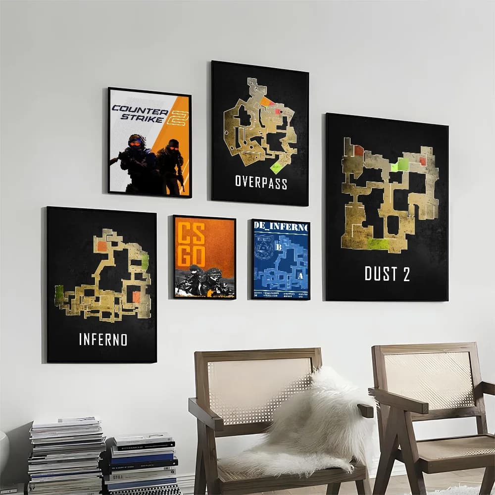 Giochi classici CS GO Mappa Poster adesivo fai-da-te Stampe su carta bianca Poster Opera d'arte Decorazioni per la casa nordica